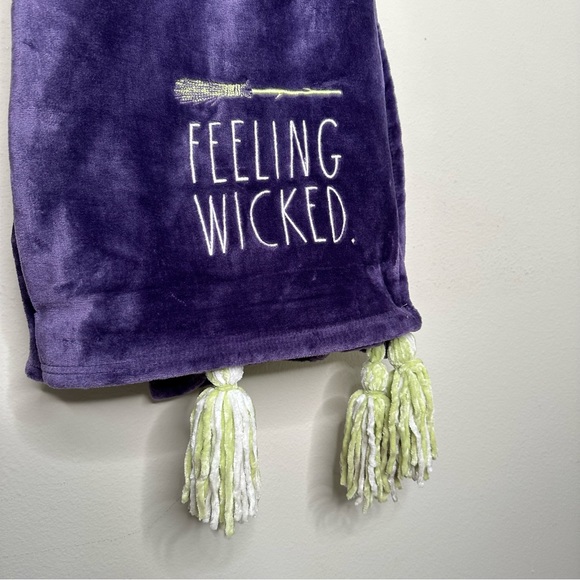 NWT Rae Dunn Feeling Wicked throw / blanket Purple with broom detail and tassels - Picture 4 of 6